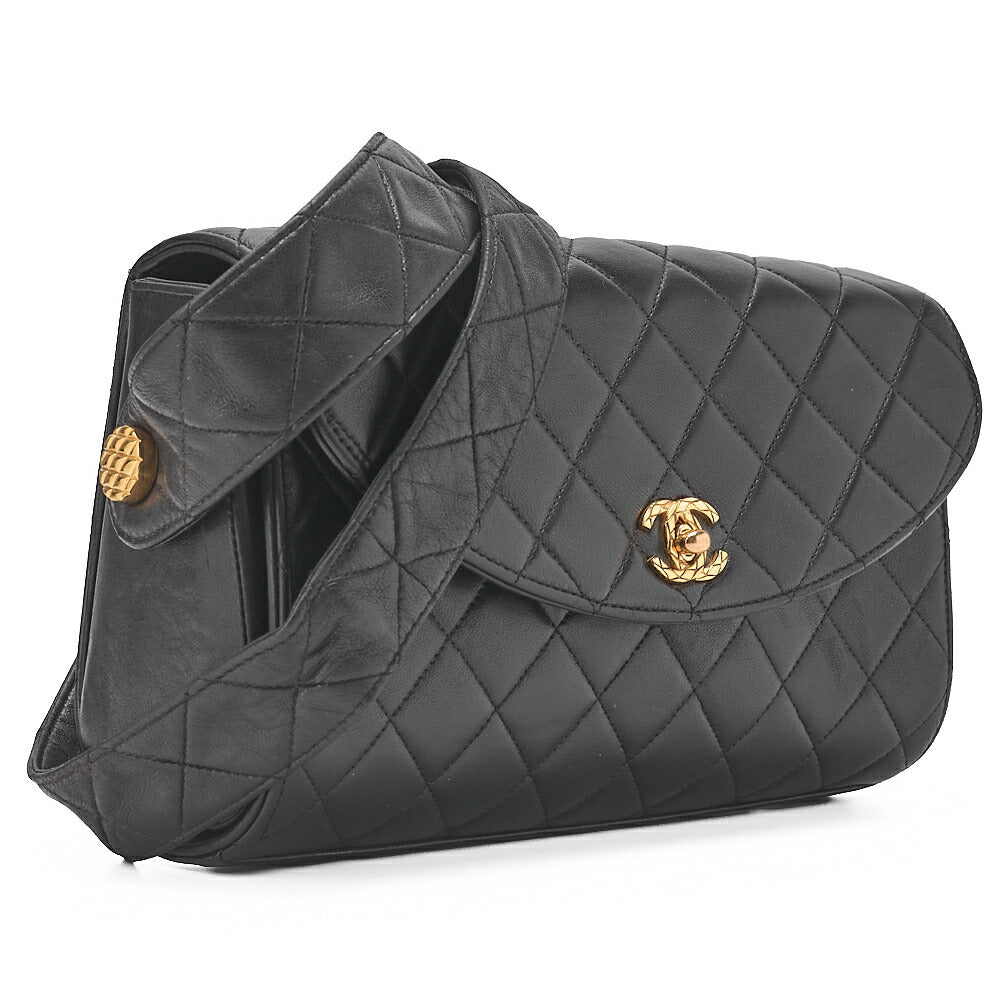 CHANEL Handbag Matelasse Round Flap One Shoulder Bag Single Lambskin Black Gold-Tone Hardware, Pre-Owned
