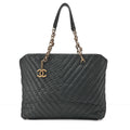 CHANEL Sparkle Leather Chevron Coco Charm Chain Tote Black Gold -Tone Hardware, Pre-Owned