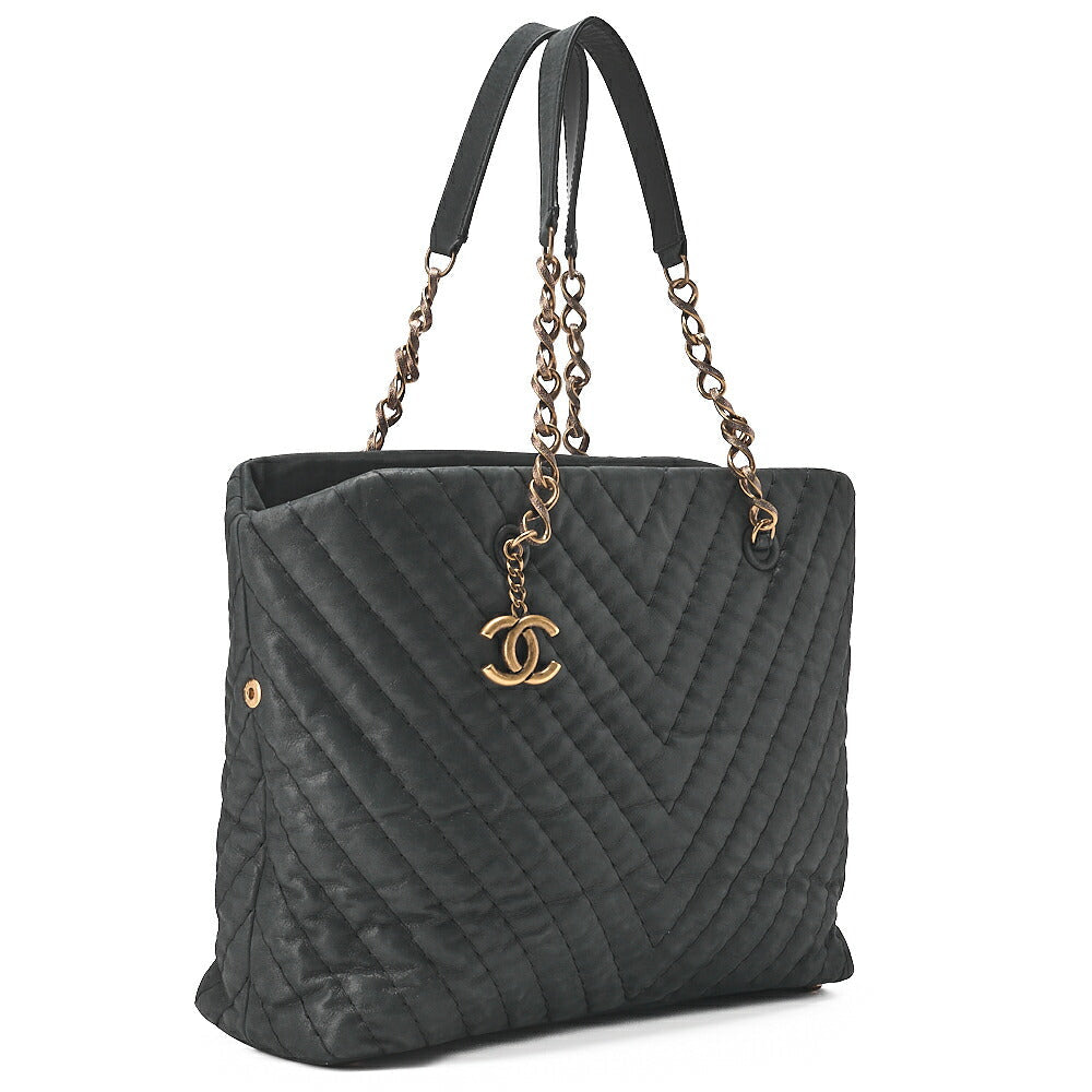 CHANEL Sparkle Leather Chevron Coco Charm Chain Tote Black Gold -Tone Hardware, Pre-Owned