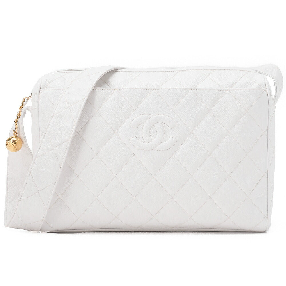 CHANEL Caviar Skin Cocomark Ball Charm Chain Shoulder White Gold -Tone Hardware, Pre-Owned
