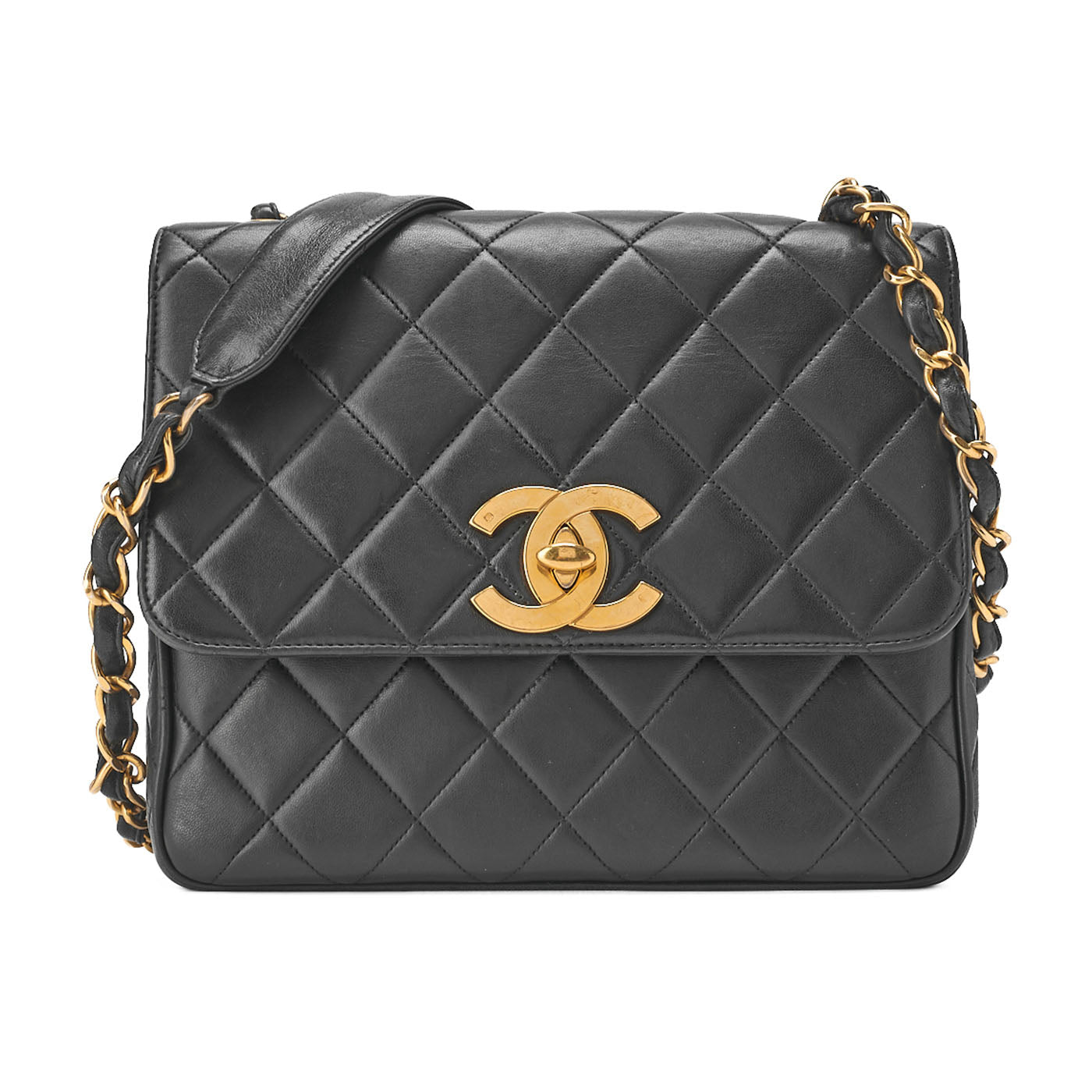 CHANEL Lambskin Matelasse Deca Coco Single Chain Shoulder Black Gold -Tone Hardware, Pre-Owned