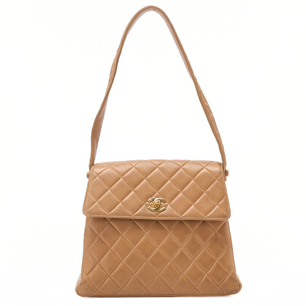 CHANEL One Shoulder Bag Matelasse Turnlock Single Flap Lambskin Beige Gold-Tone Hardware, Pre-Owned