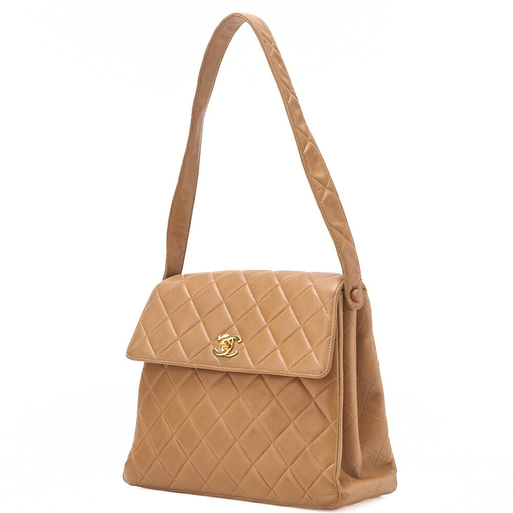 CHANEL One Shoulder Bag Matelasse Turnlock Single Flap Lambskin Beige Gold-Tone Hardware, Pre-Owned