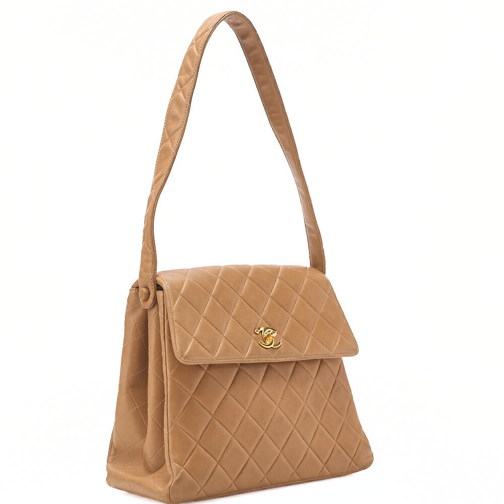CHANEL One Shoulder Bag Matelasse Turnlock Single Flap Lambskin Beige Gold-Tone Hardware, Pre-Owned