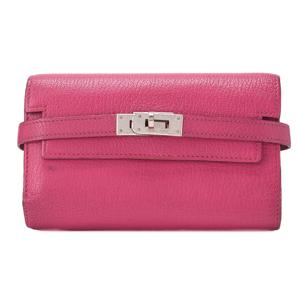 HERMES Kelly Wallet 3-Fold Long Wallet Chevre Rose Pink Silver-Tone Hardware, Pre-Owned