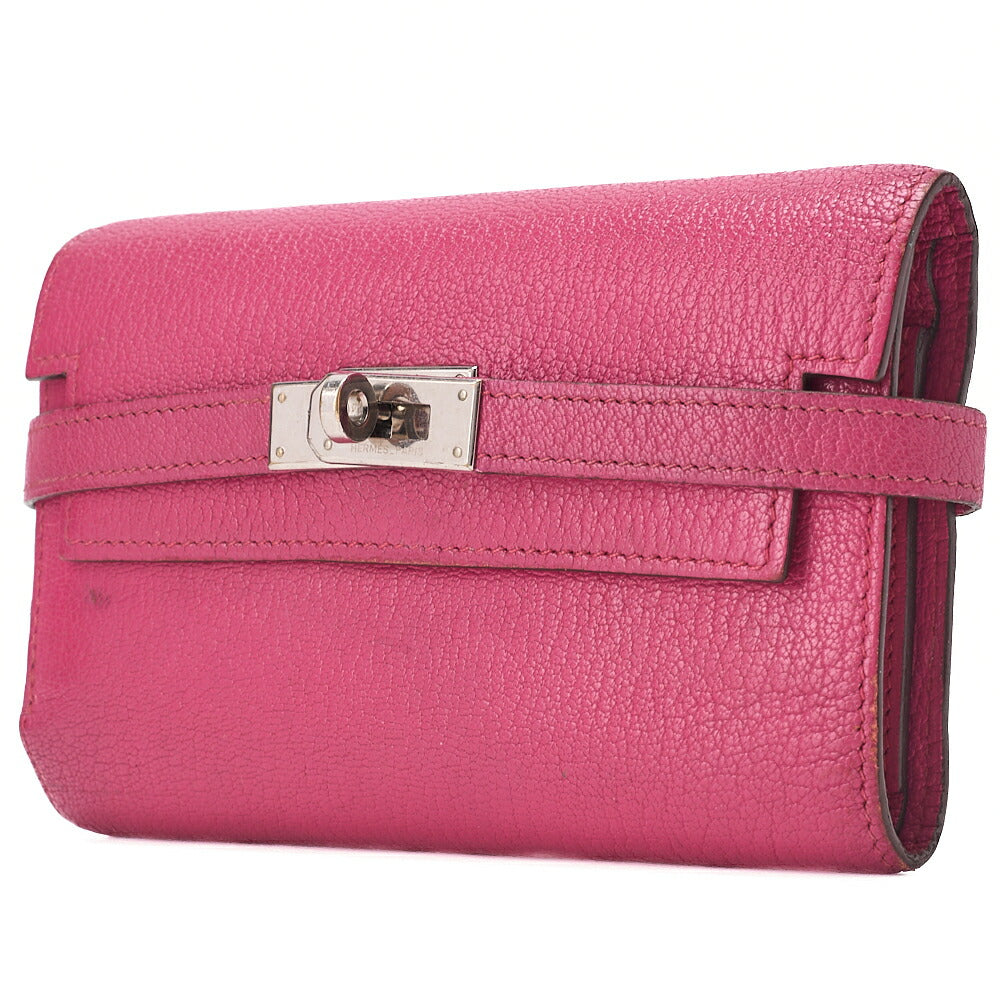 HERMES Kelly Wallet 3-Fold Long Wallet Chevre Rose Pink Silver-Tone Hardware, Pre-Owned
