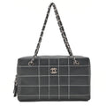 CHANEL Shoulder Bag Calfskin Chocolate Bar Coco Mark Black Silver-Tone Hardware, Pre-Owned