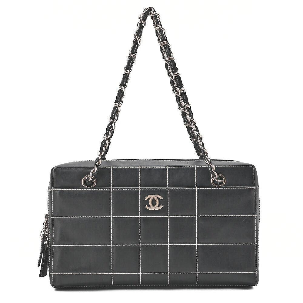 CHANEL Shoulder Bag Calfskin Chocolate Bar Coco Mark Black Silver-Tone Hardware, Pre-Owned