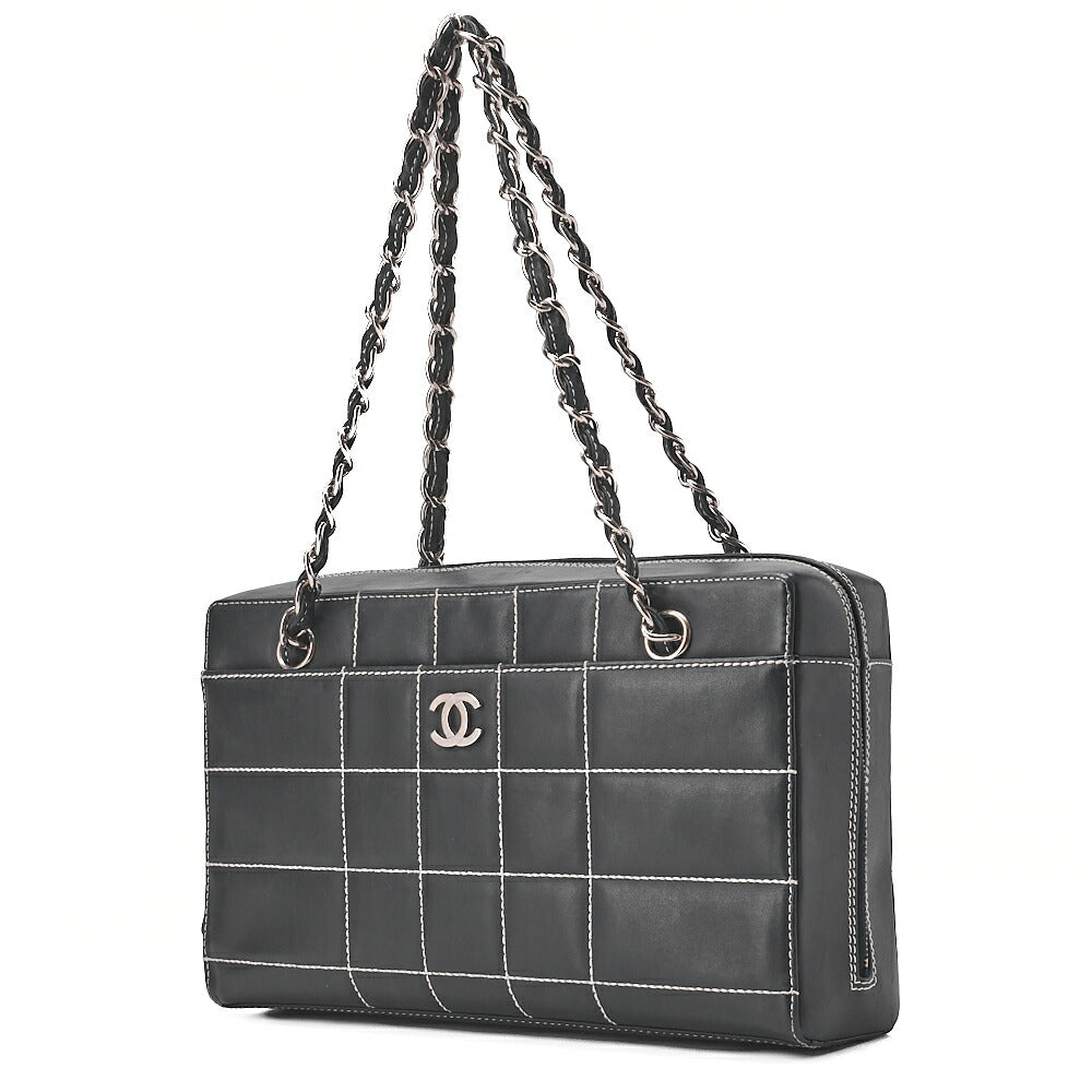 CHANEL Shoulder Bag Calfskin Chocolate Bar Coco Mark Black Silver-Tone Hardware, Pre-Owned
