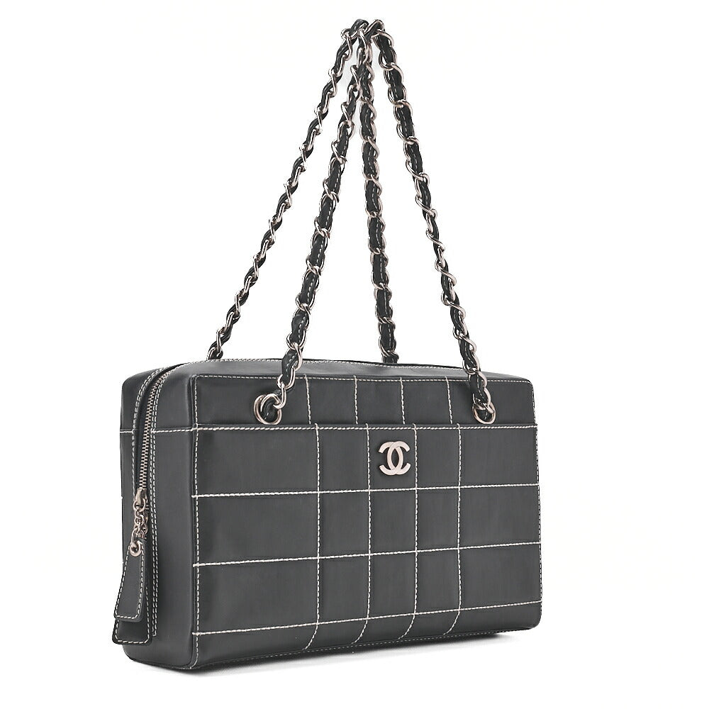CHANEL Shoulder Bag Calfskin Chocolate Bar Coco Mark Black Silver-Tone Hardware, Pre-Owned