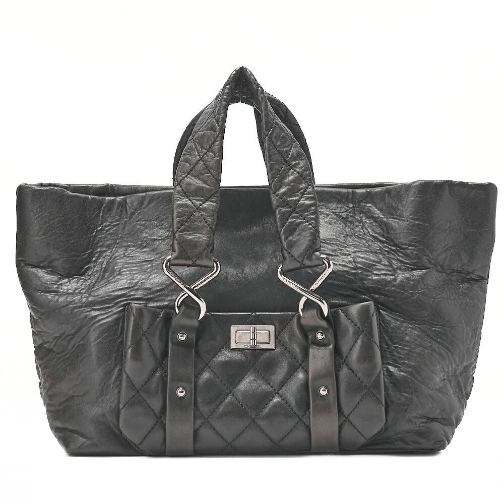 CHANEL Lambskin Matelasse 2.55 Lock Handbag Black Silver -Tone Hardware, Pre-Owned