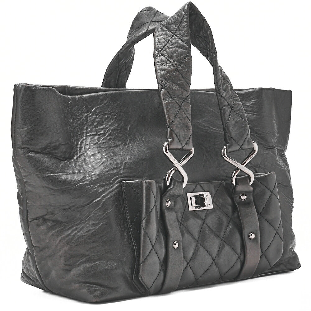 CHANEL Lambskin Matelasse 2.55 Lock Handbag Black Silver -Tone Hardware, Pre-Owned