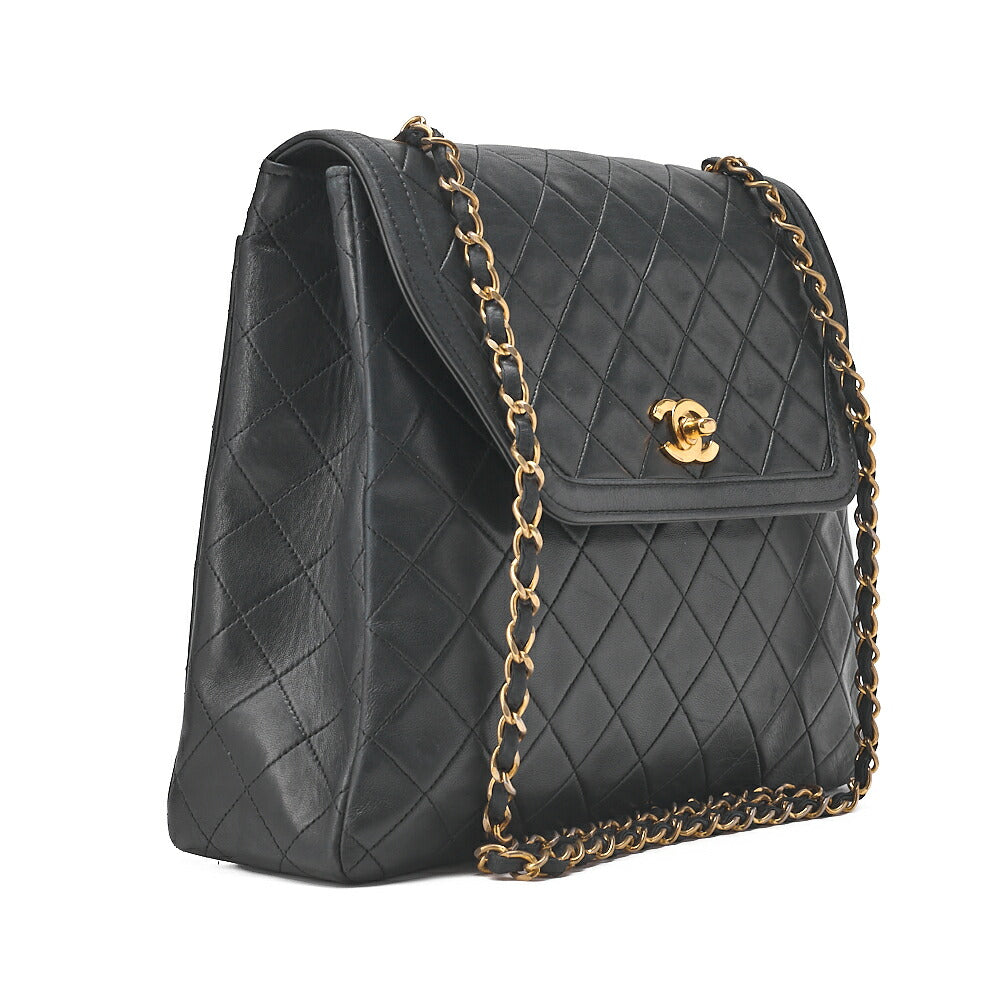 CHANEL Lambskin Matelasse Trapezoidal Single Chain Shoulder Bag Black Gold-Tone Hardware, Pre-Owned