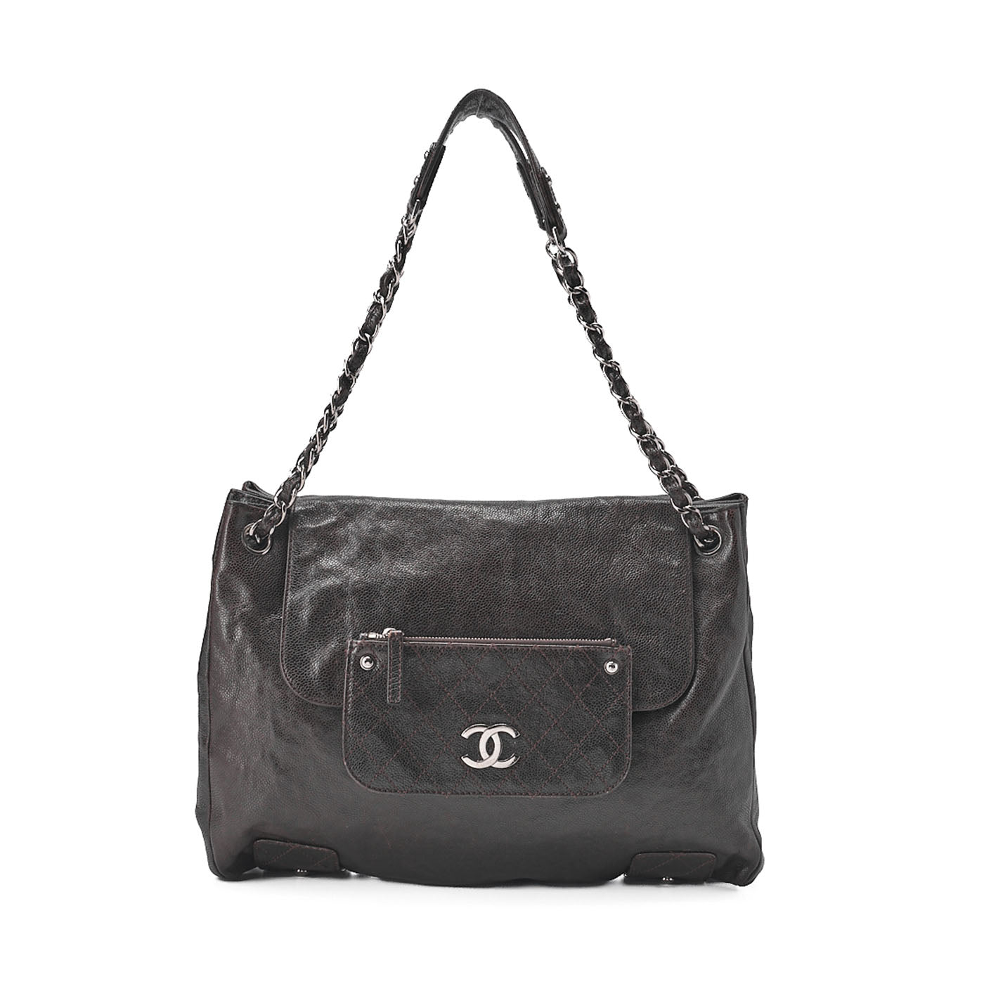 CHANEL Matelasse Outside Pocket Chain Shoulder Caviar Skin Dark Brown Silver-Tone Hardware, Pre-Owned