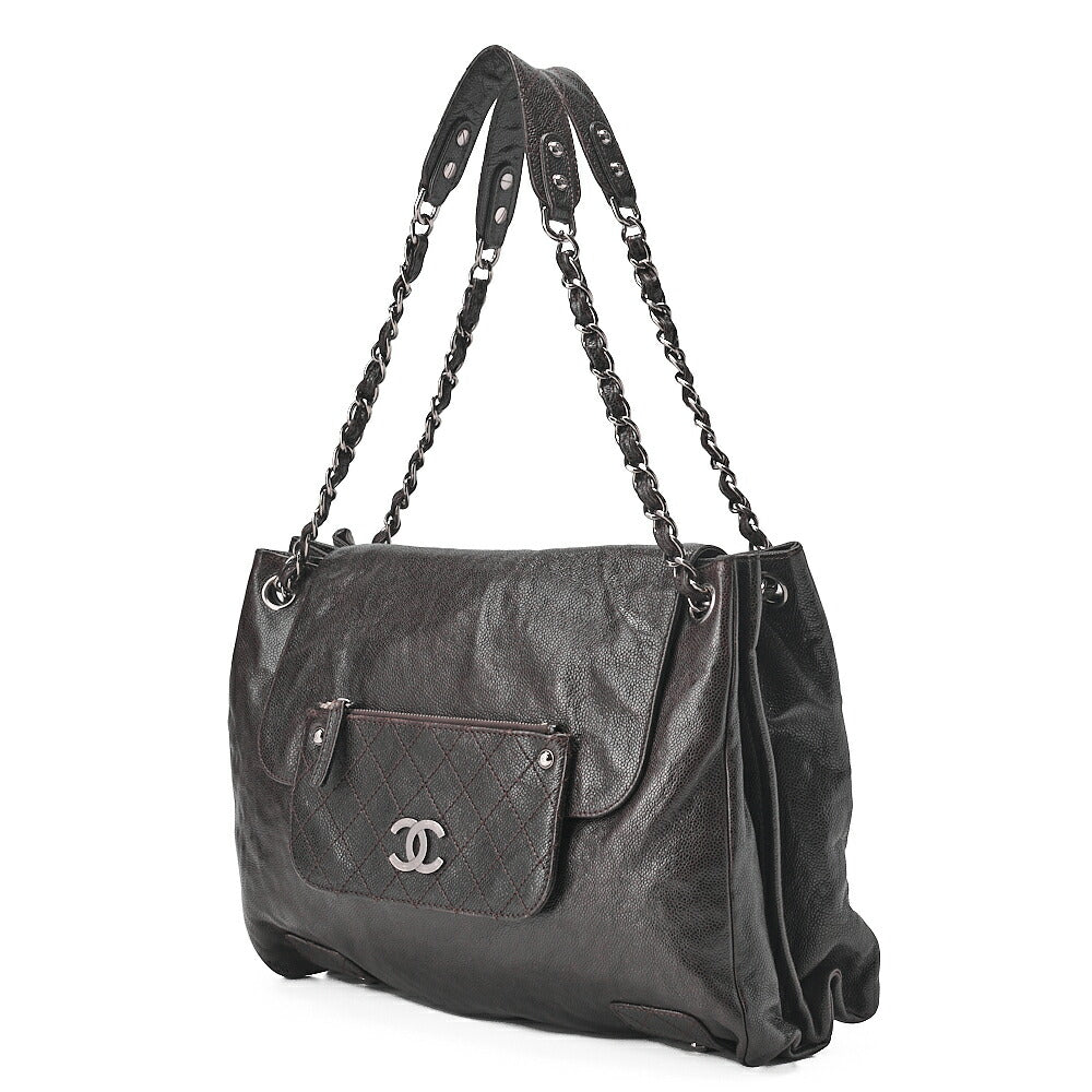 CHANEL Matelasse Outside Pocket Chain Shoulder Caviar Skin Dark Brown Silver-Tone Hardware, Pre-Owned