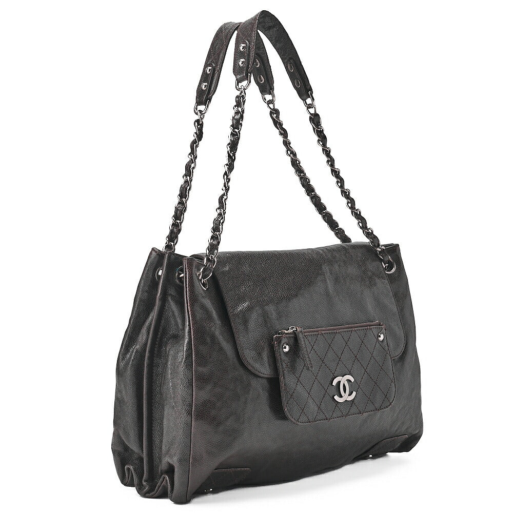 CHANEL Matelasse Outside Pocket Chain Shoulder Caviar Skin Dark Brown Silver-Tone Hardware, Pre-Owned
