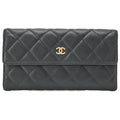 CHANEL Matelasse  Bi-fold Long Wallet Caviar Skin Black Gold-Tone Hardware, Pre-Owned
