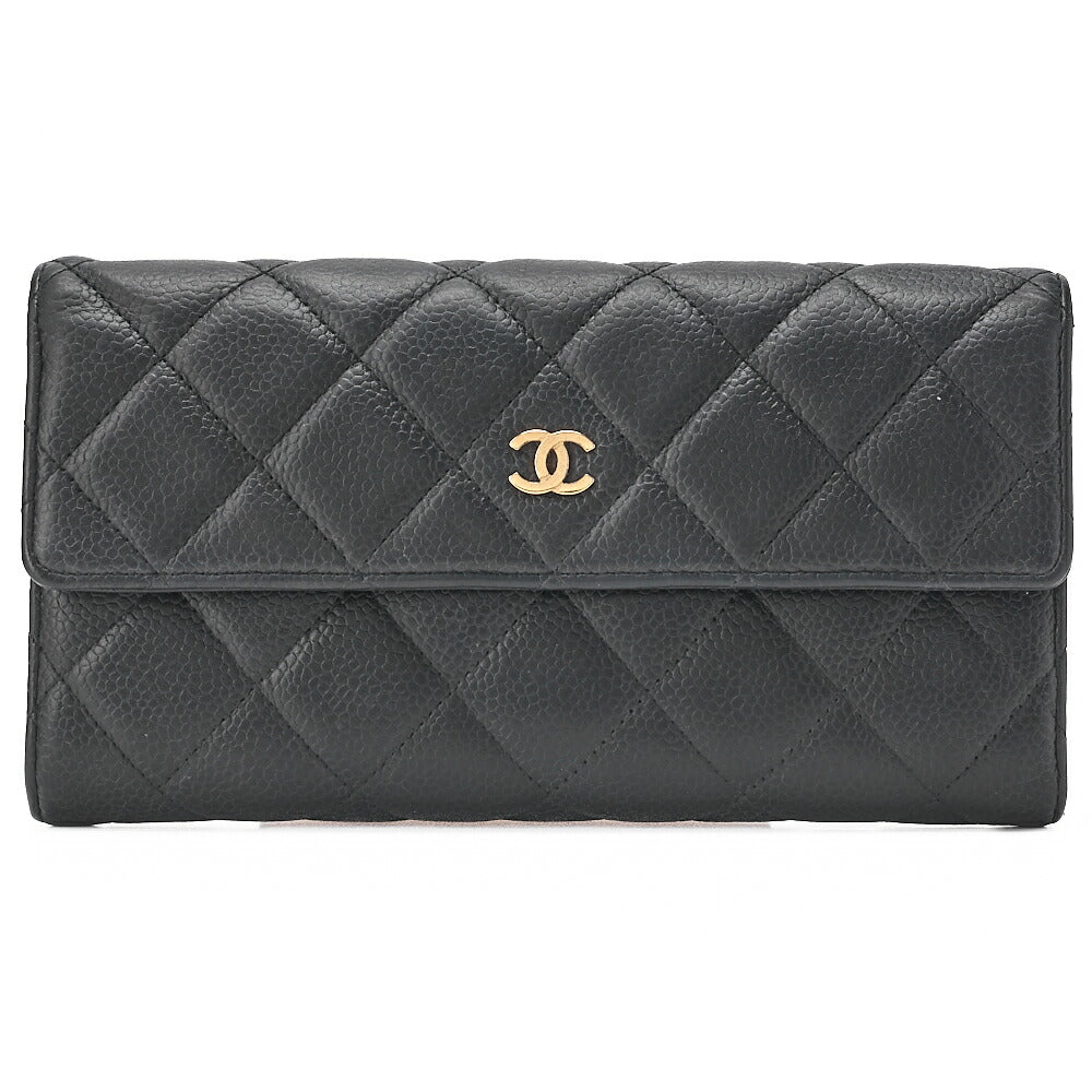 CHANEL Matelasse  Bi-fold Long Wallet Caviar Skin Black Gold-Tone Hardware, Pre-Owned