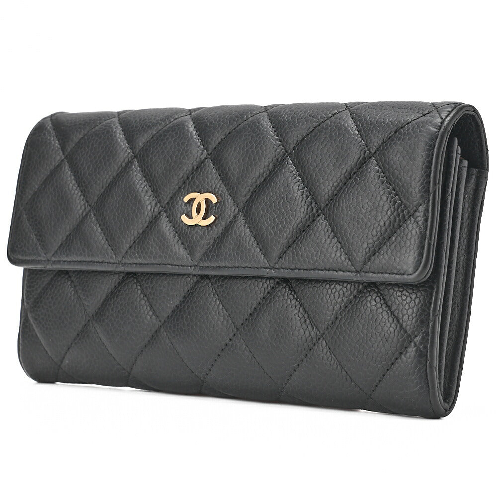 CHANEL Matelasse  Bi-fold Long Wallet Caviar Skin Black Gold-Tone Hardware, Pre-Owned