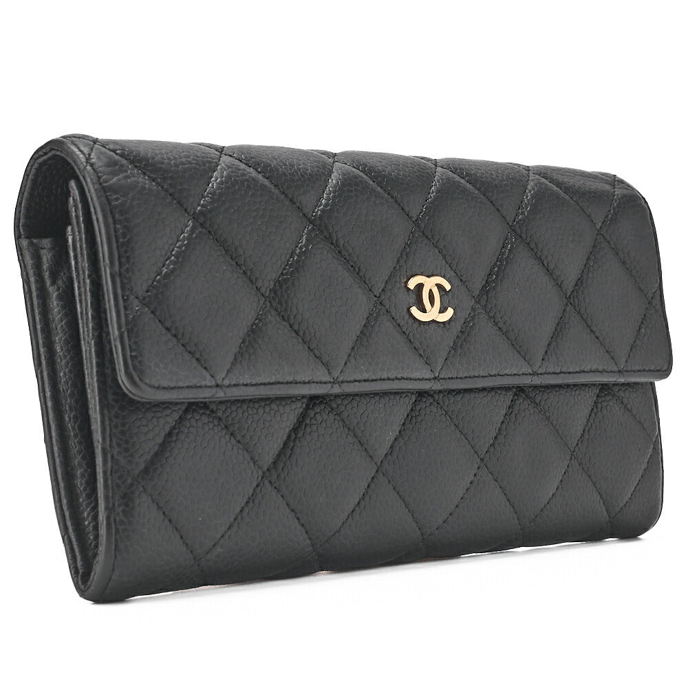 CHANEL Matelasse  Bi-fold Long Wallet Caviar Skin Black Gold-Tone Hardware, Pre-Owned