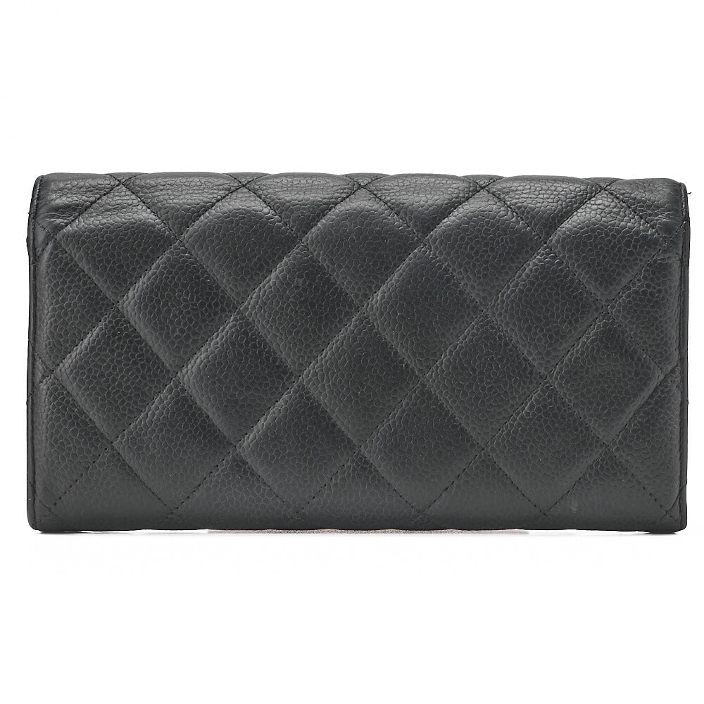 CHANEL Matelasse  Bi-fold Long Wallet Caviar Skin Black Gold-Tone Hardware, Pre-Owned