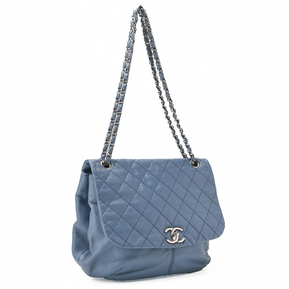 CHANEL Lambskin Matelasse Round Flap Single Chain Shoulder Bag Sky Blue Silver-Tone Hardware, Pre-Owned
