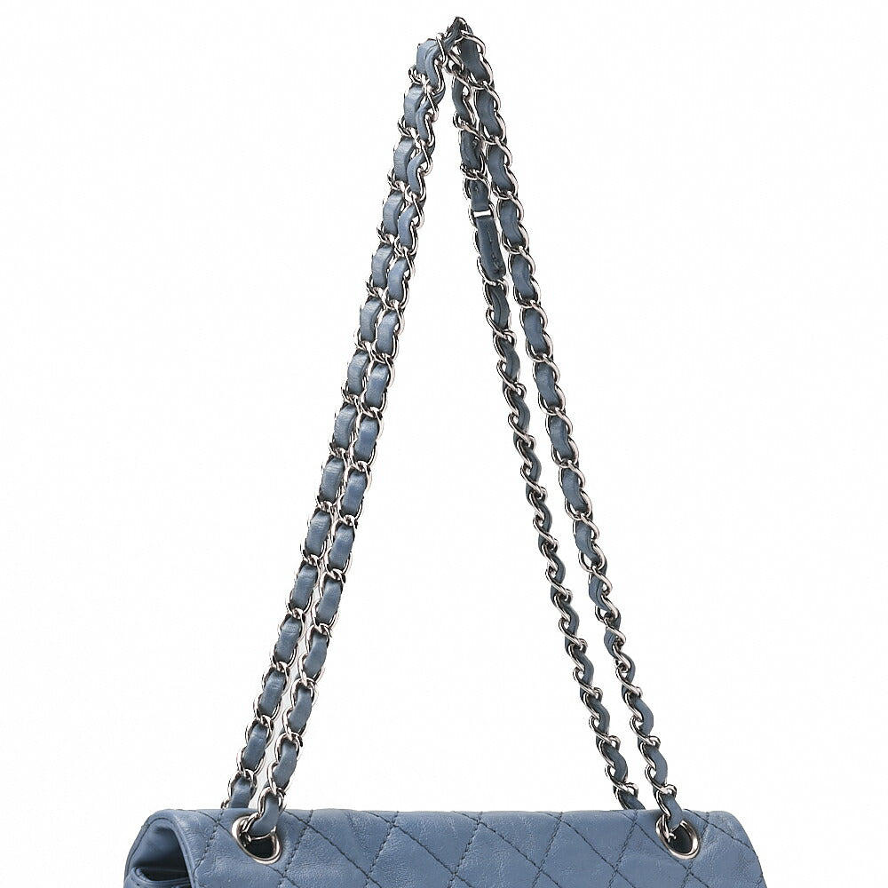 CHANEL Lambskin Matelasse Round Flap Single Chain Shoulder Bag Sky Blue Silver-Tone Hardware, Pre-Owned