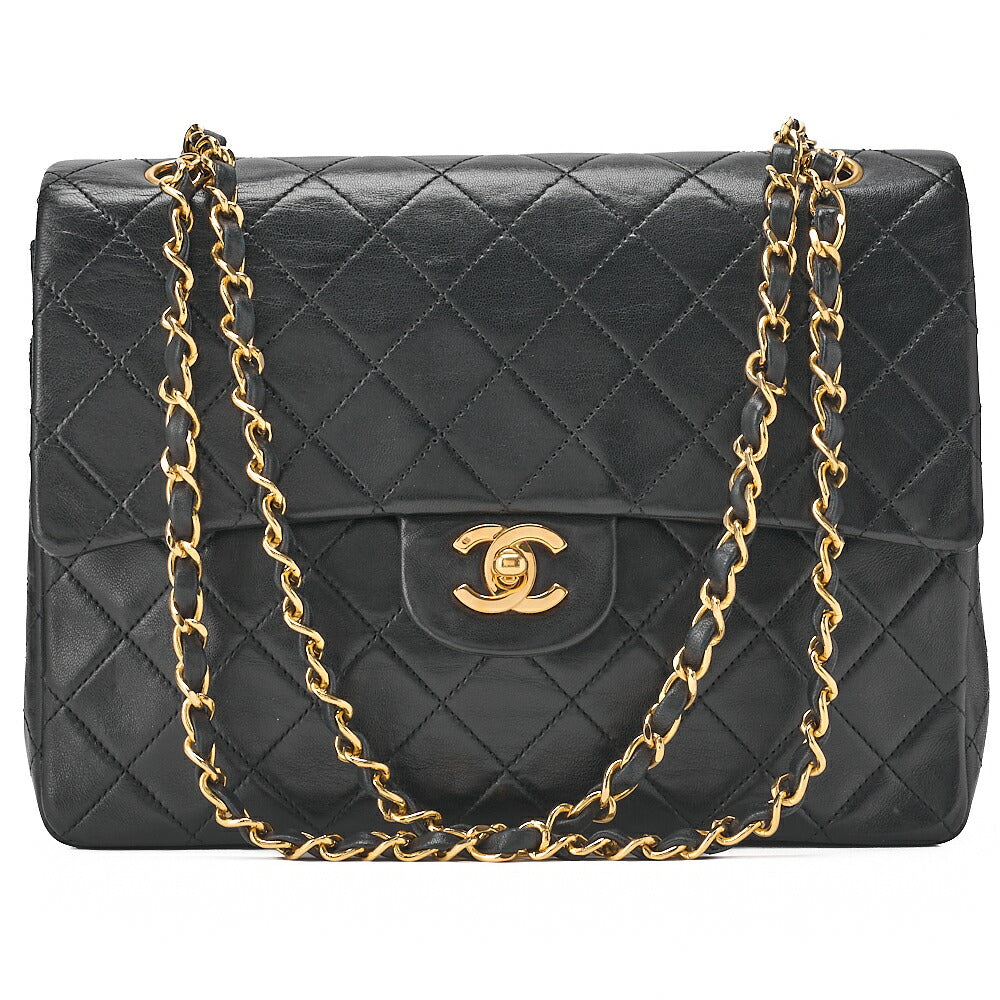 CHANEL Lambskin Matelasse 25cm Square Double Flap Chain Shoulder Black Gold-Tone Hardware, Pre-Owned