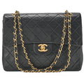 CHANEL Lambskin Matelasse 25cm Square Double Flap Chain Shoulder Black Gold-Tone Hardware, Pre-Owned