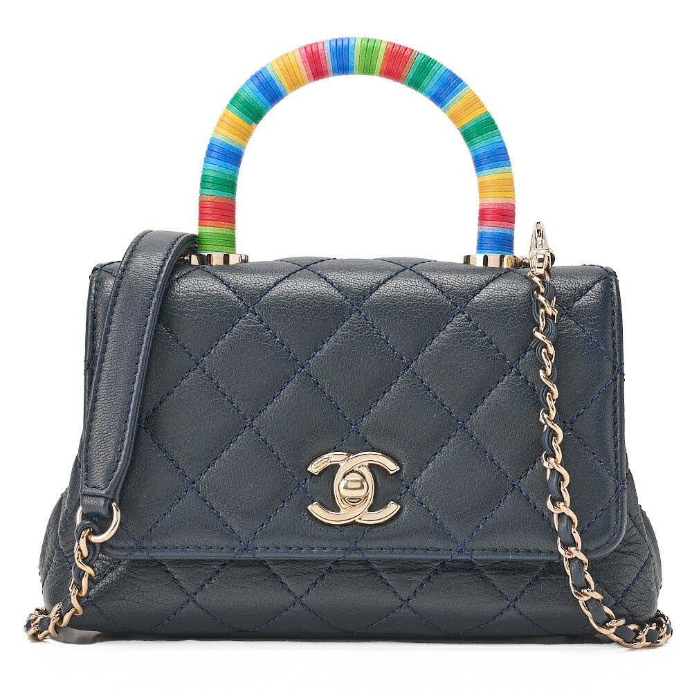 CHANEL Shoulder Bag Matlasse Coco Handle Le XXS Lambskin 2WAY Handbag Navy x Rainbow Color Gold-Tone Hardware, Pre-Owned