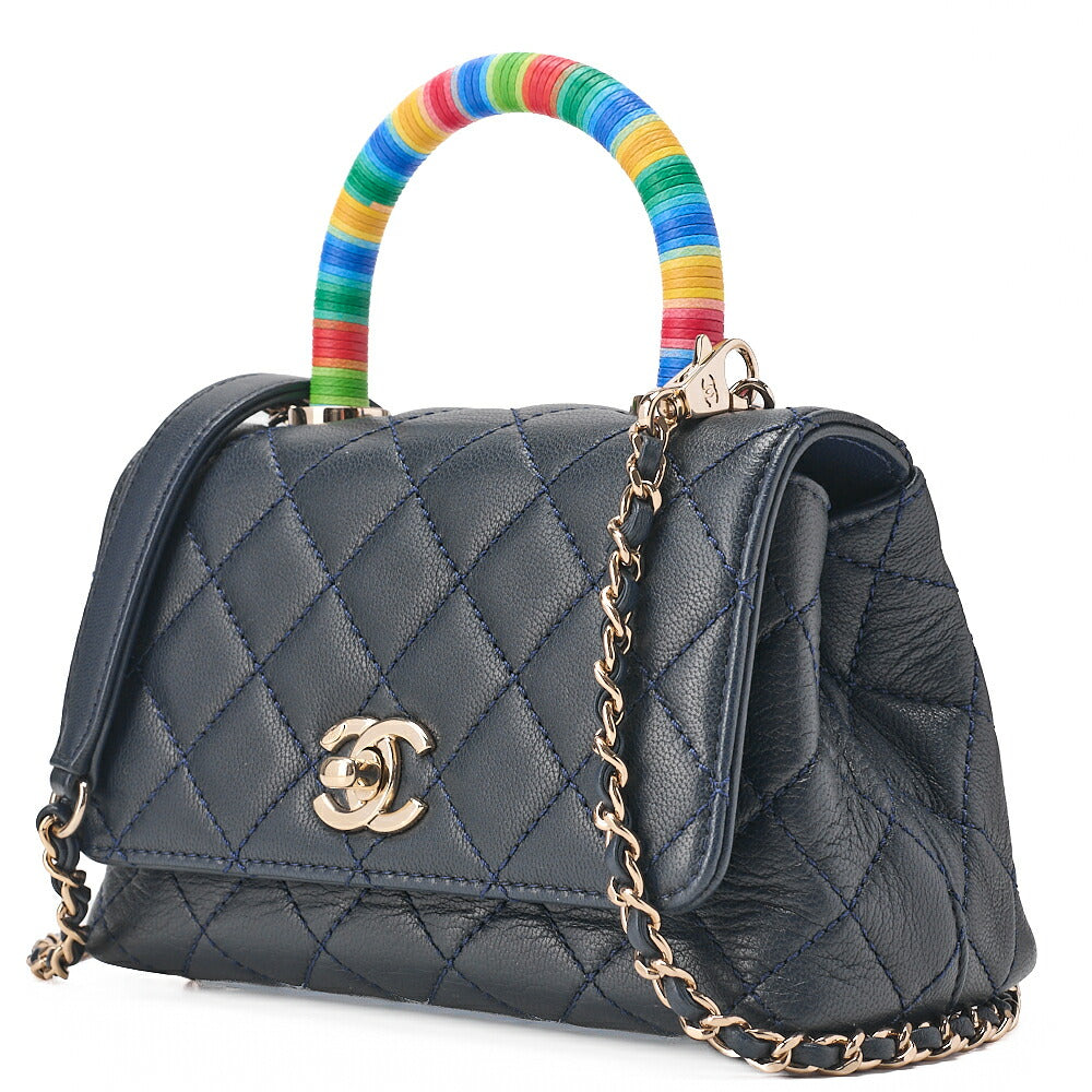 CHANEL Shoulder Bag Matlasse Coco Handle Le XXS Lambskin 2WAY Handbag Navy x Rainbow Color Gold-Tone Hardware, Pre-Owned