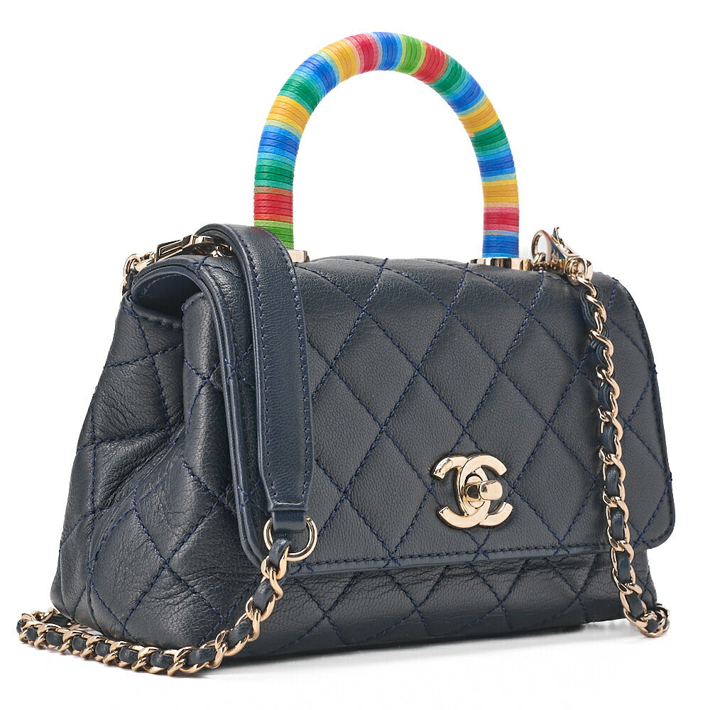 CHANEL Shoulder Bag Matlasse Coco Handle Le XXS Lambskin 2WAY Handbag Navy x Rainbow Color Gold-Tone Hardware, Pre-Owned