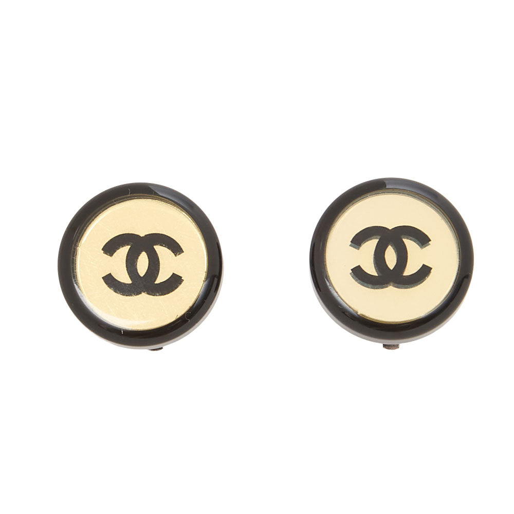 CHANEL Coco Mark Circle Coco 01P Earrings GP X Enamel Black Silver-Tone Hardware, Pre-Owned