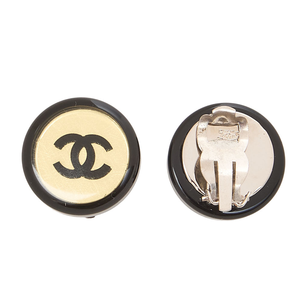 CHANEL Coco Mark Circle Coco 01P Earrings GP X Enamel Black Silver-Tone Hardware, Pre-Owned
