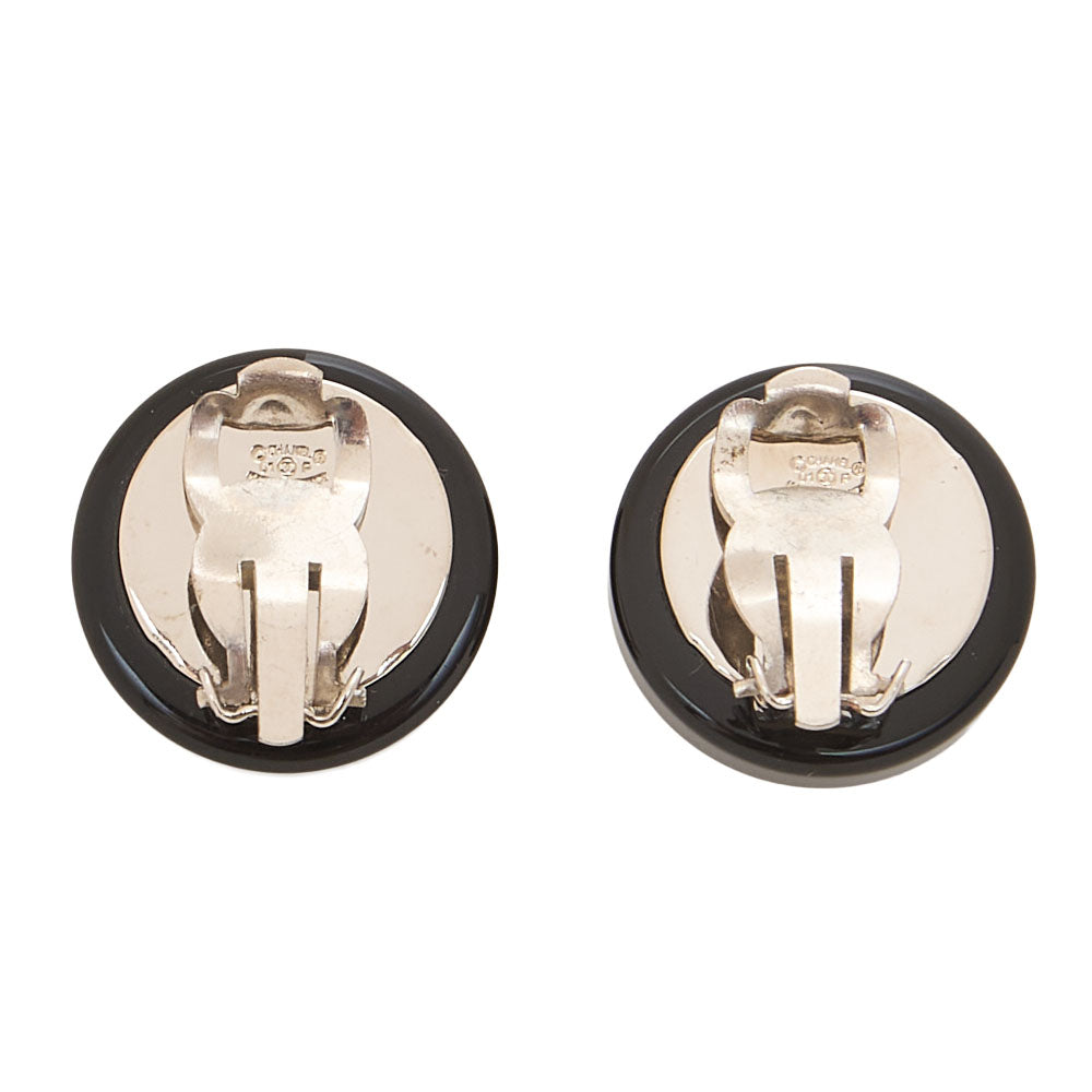CHANEL Coco Mark Circle Coco 01P Earrings GP X Enamel Black Silver-Tone Hardware, Pre-Owned