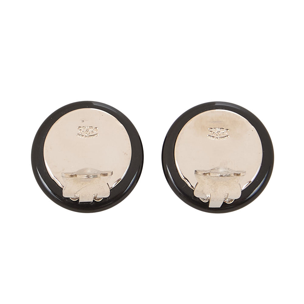 CHANEL Coco Mark Circle Coco 01P Earrings GP X Enamel Black Silver-Tone Hardware, Pre-Owned