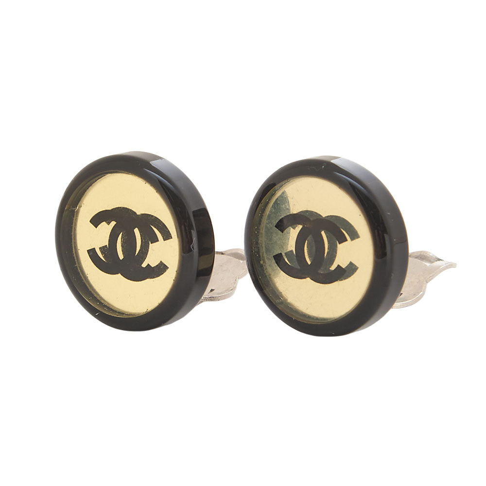 CHANEL Coco Mark Circle Coco 01P Earrings GP X Enamel Black Silver-Tone Hardware, Pre-Owned