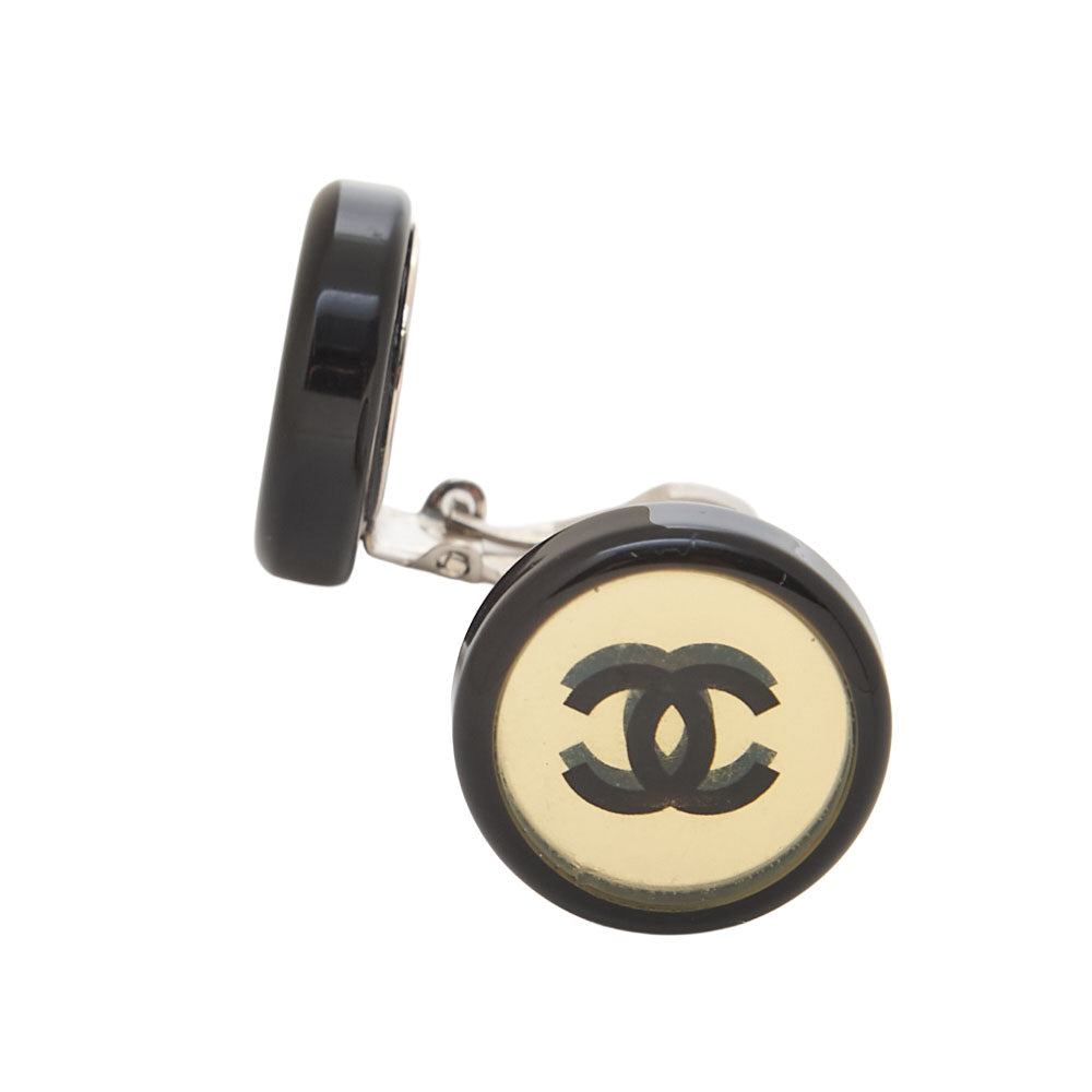 CHANEL Coco Mark Circle Coco 01P Earrings GP X Enamel Black Silver-Tone Hardware, Pre-Owned