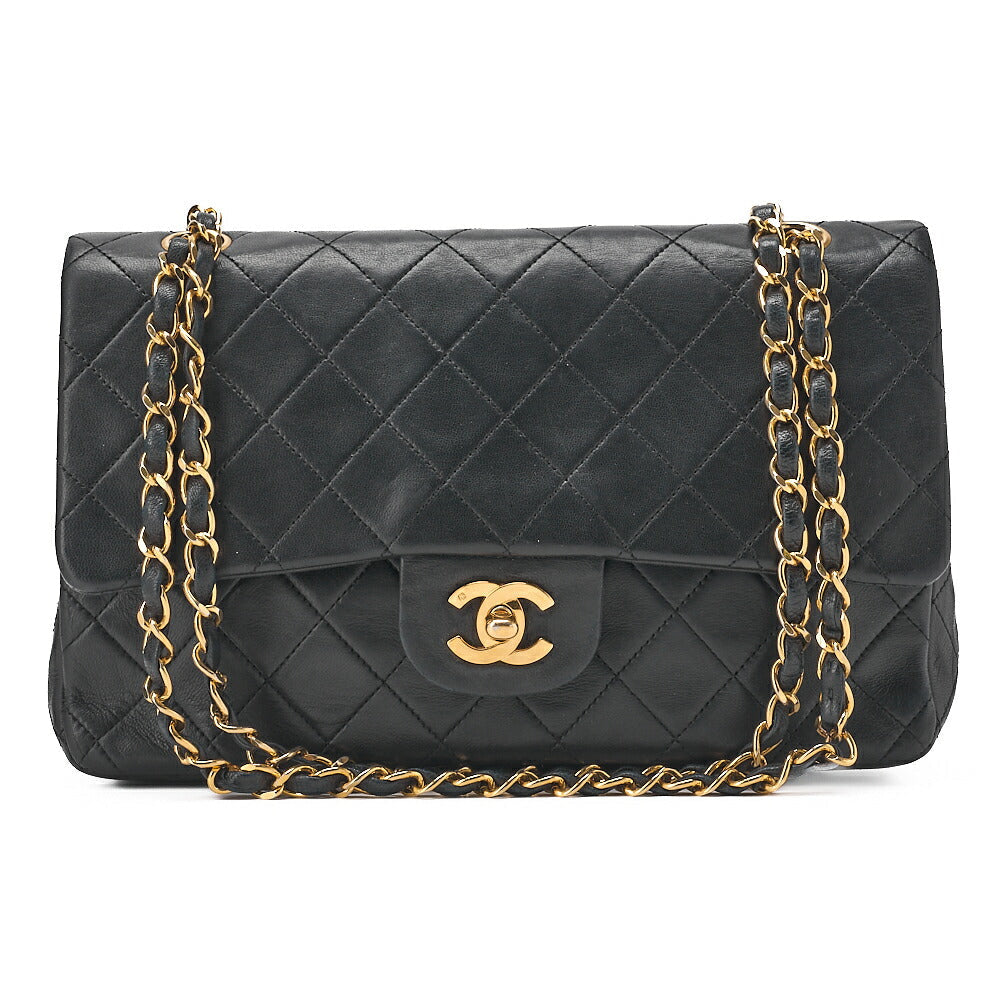 CHANEL Lambskin Matelasse Double Flap 25cm Chain Shoulder Black Gold-Tone Hardware, Pre-Owned