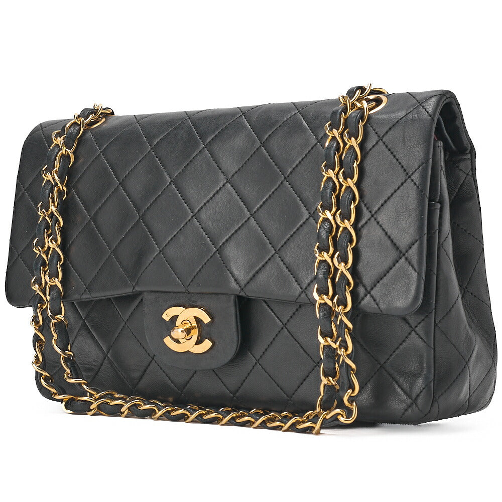 CHANEL Lambskin Matelasse Double Flap 25cm Chain Shoulder Black Gold-Tone Hardware, Pre-Owned