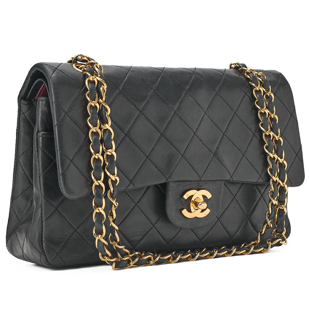CHANEL Lambskin Matelasse Double Flap 25cm Chain Shoulder Black Gold-Tone Hardware, Pre-Owned
