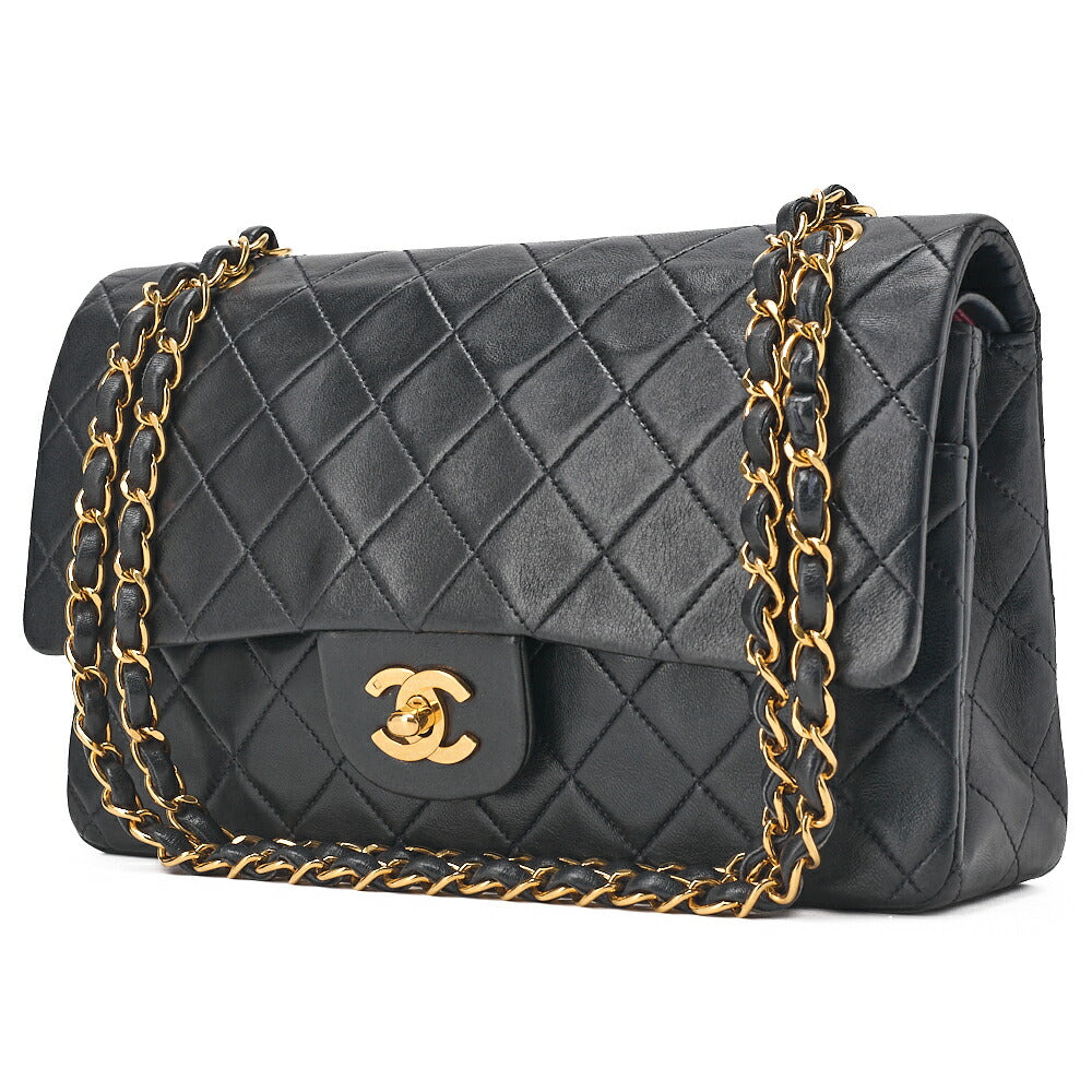 CHANEL Lambskin Matlasse W Flap 25cm Chain Shoulder Navy Gold-Tone Hardware, Pre-Owned