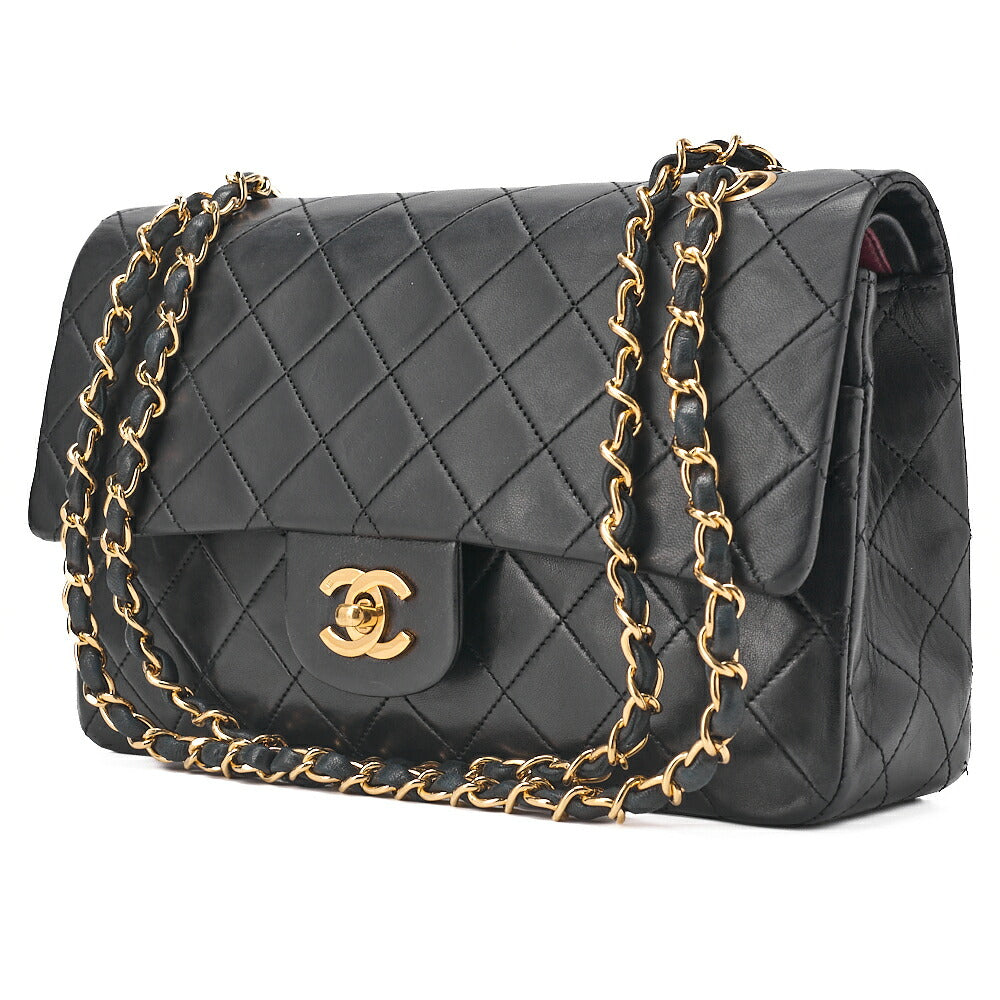 CHANEL Lambskin Matelasse 25cm Double Flap Chain Shoulder Black Gold-Tone Hardware, Pre-Owned