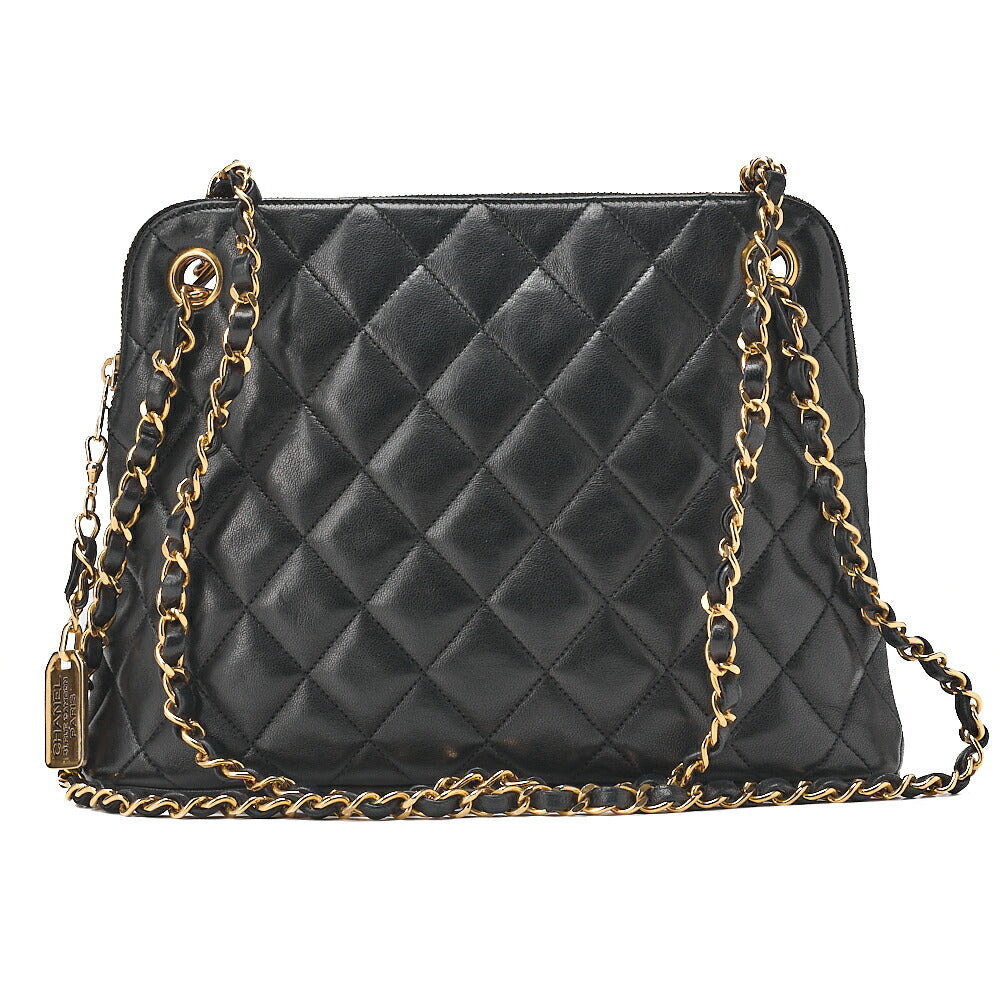 CHANEL Matelasse Plate Charm Shoulder Bag Lambskin Black Gold-Tone Hardware, Pre-Owned