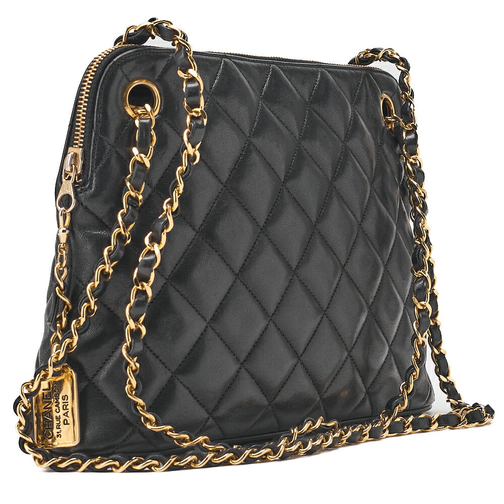 CHANEL Matelasse Plate Charm Shoulder Bag Lambskin Black Gold-Tone Hardware, Pre-Owned