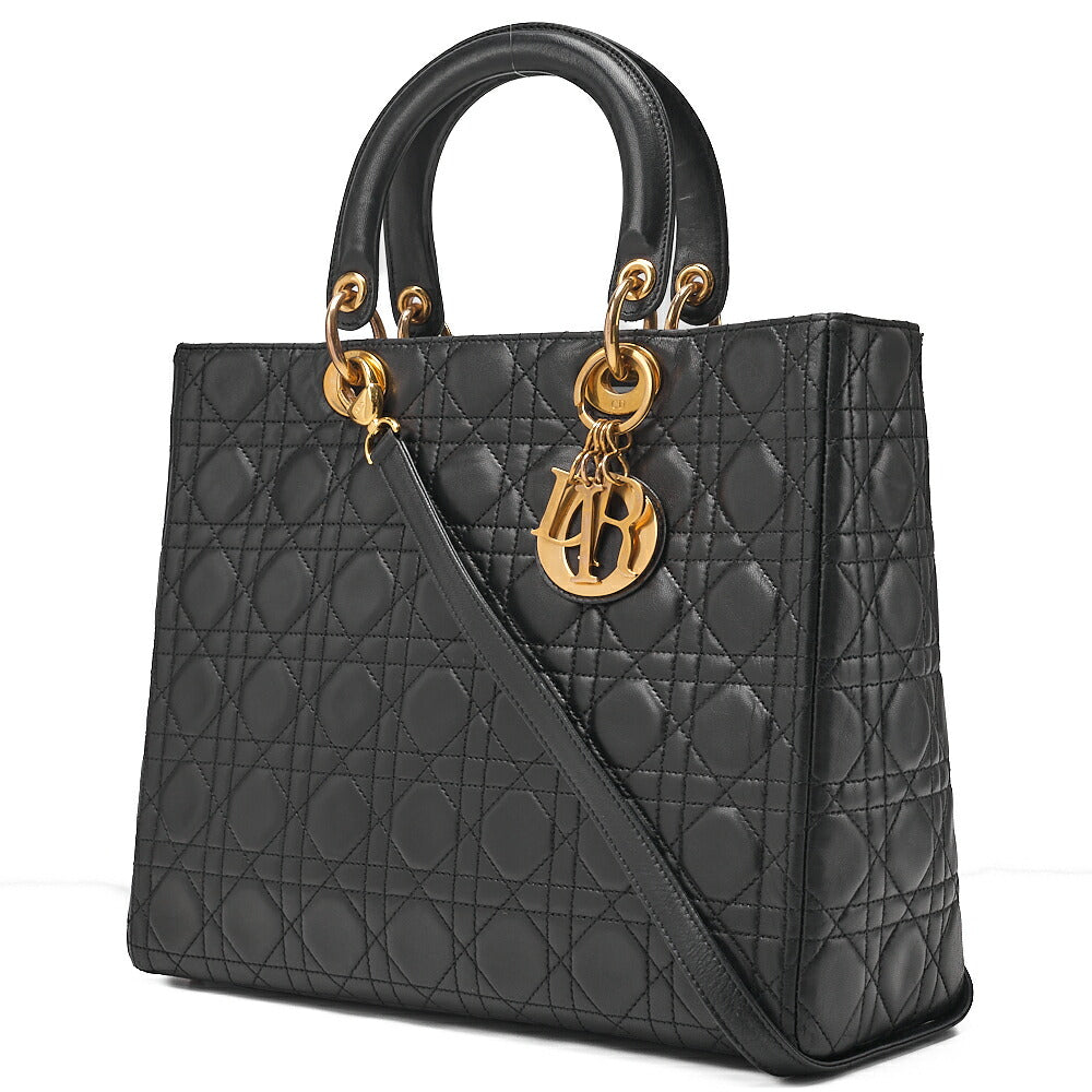 Dior Lady Dior Cannage 2-Way Handbag Large Size Lambskin Gold -Tone Hardware, Pre-Owned