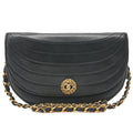 CHANEL Shoulder Bag Border Stitch Half Moon Push Lock Lambskin Black Gold-Tone Hardware, Pre-Owned