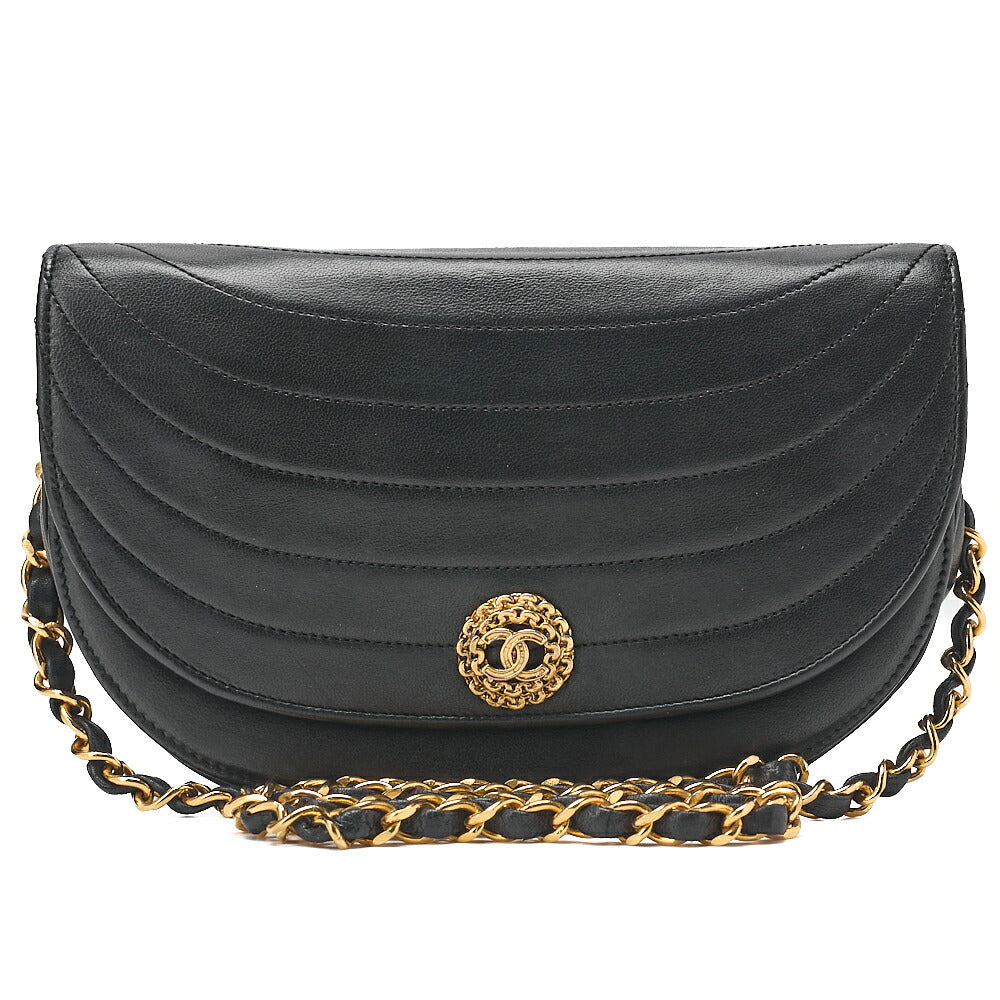CHANEL Shoulder Bag Border Stitch Half Moon Push Lock Lambskin Black Gold-Tone Hardware, Pre-Owned
