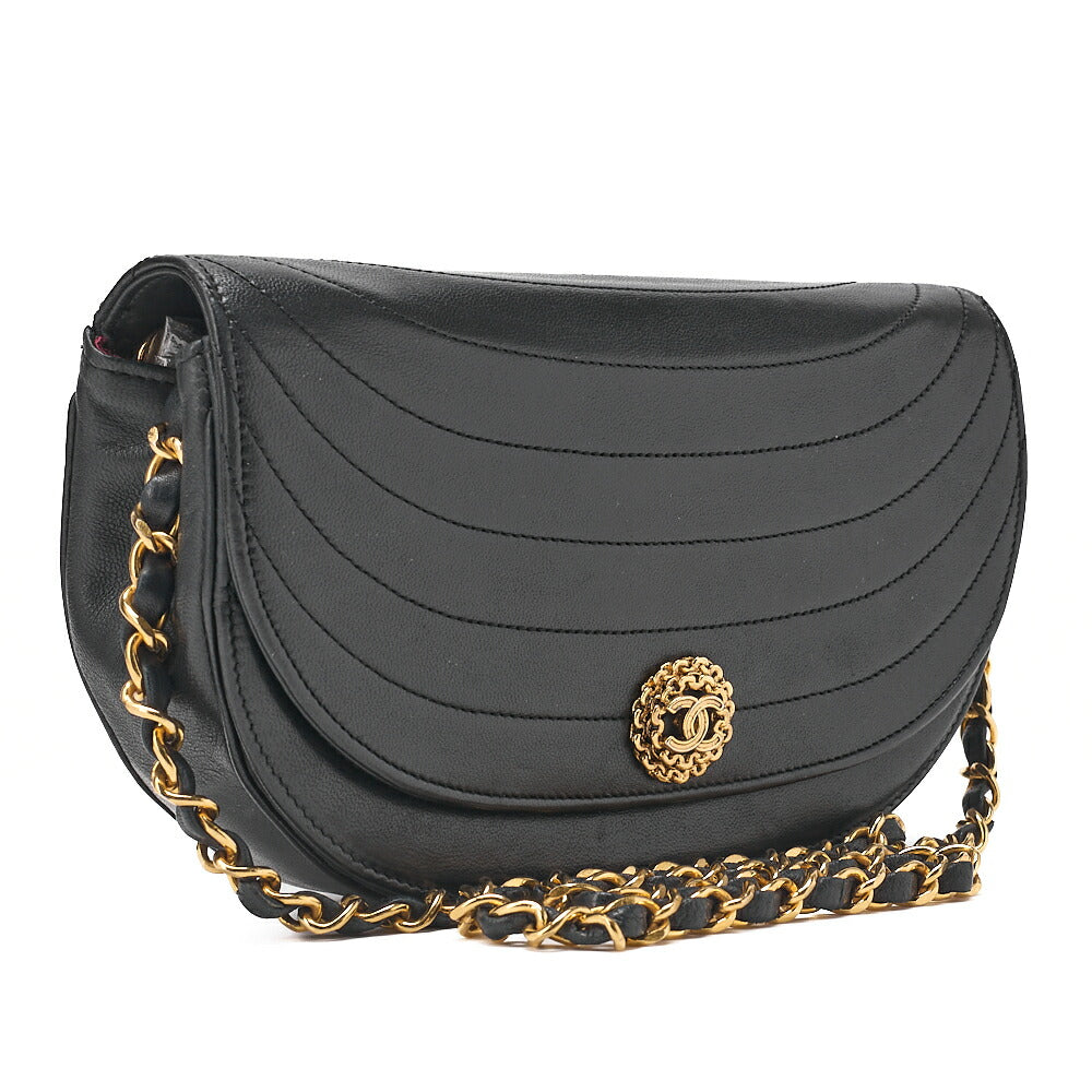 CHANEL Shoulder Bag Border Stitch Half Moon Push Lock Lambskin Black Gold-Tone Hardware, Pre-Owned