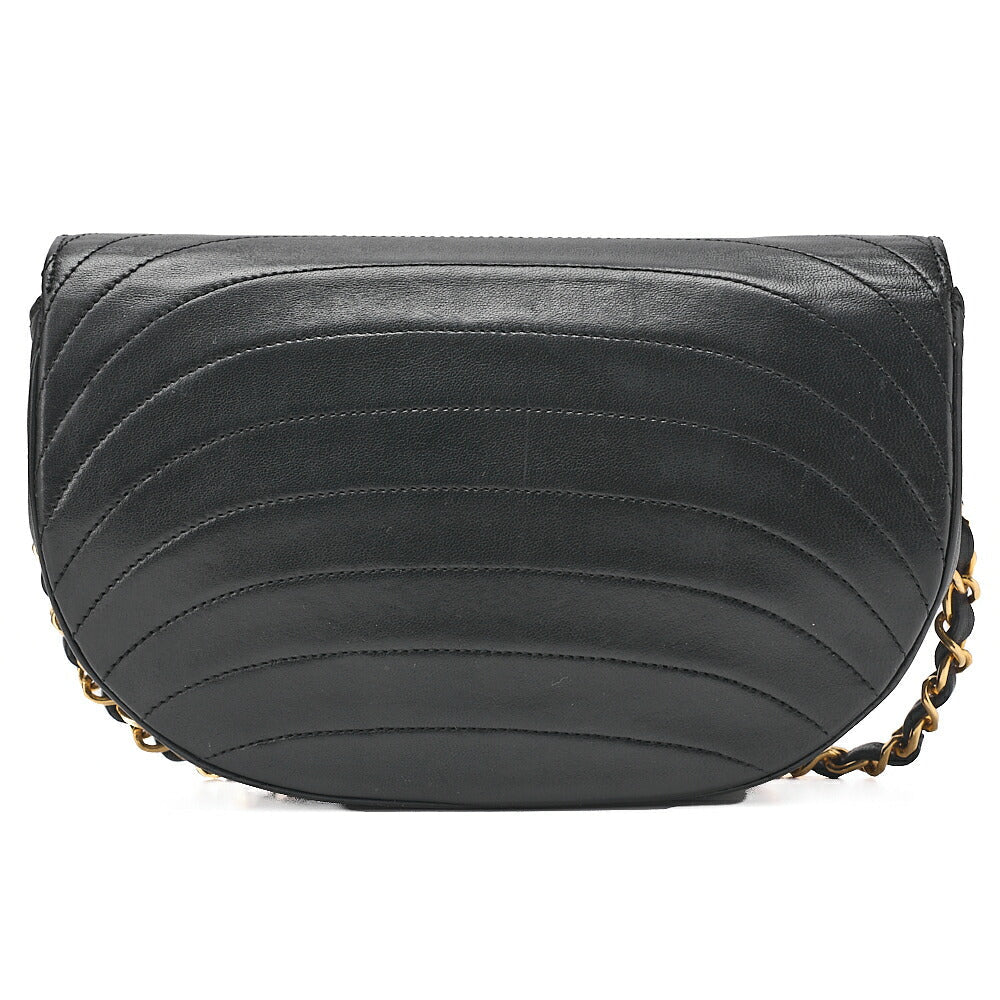 CHANEL Shoulder Bag Border Stitch Half Moon Push Lock Lambskin Black Gold-Tone Hardware, Pre-Owned